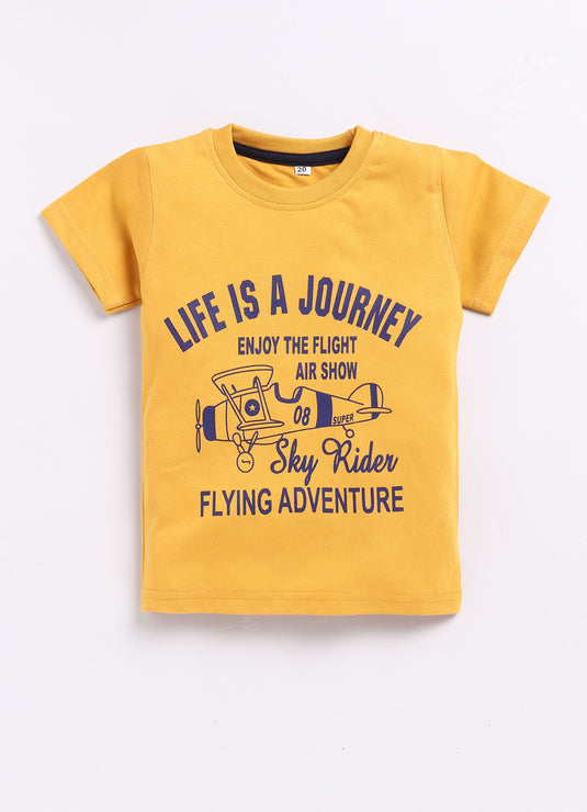 Sunshine Explorers Mustard T-shirt & NavyBlue Printed Shorts Set for kids Boys