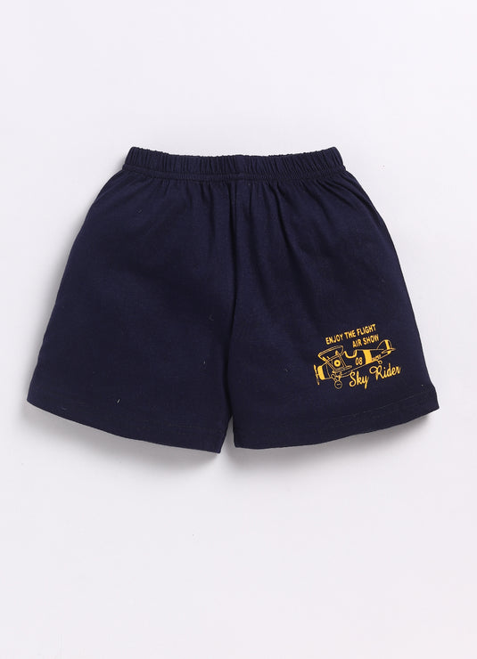Sunshine Explorers Mustard T-shirt & NavyBlue Printed Shorts Set for kids Boys