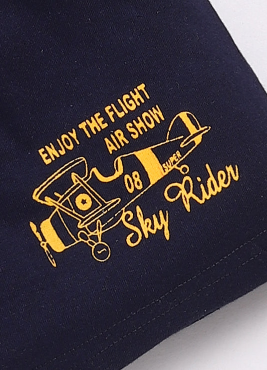 Sunshine Explorers Mustard T-shirt & NavyBlue Printed Shorts Set for kids Boys