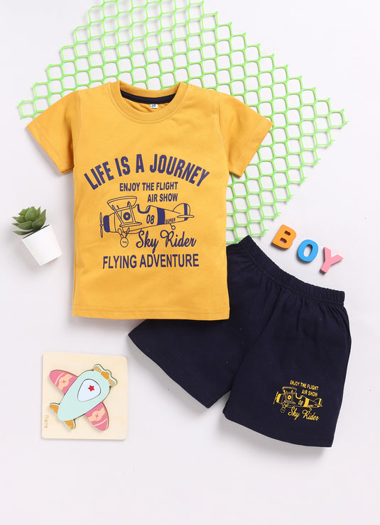 Sunshine Explorers Mustard T-shirt & NavyBlue Printed Shorts Set for kids Boys