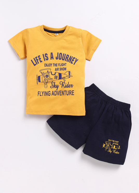 Sunshine Explorers Mustard T-shirt & NavyBlue Printed Shorts Set for kids Boys