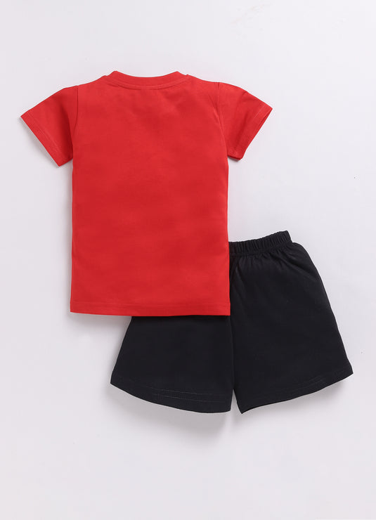 Mini Adventurer Red T-shirt & Black Printed Explorer Shorts Set for Kids Boys