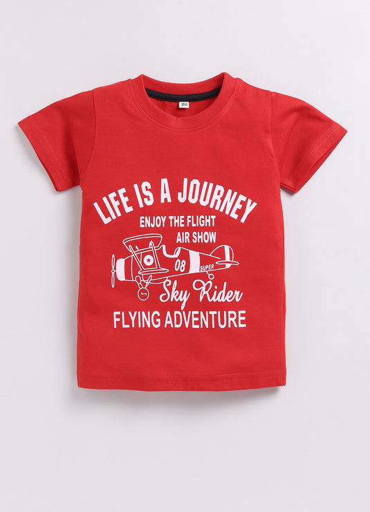 Mini Adventurer Red T-shirt & Black Printed Explorer Shorts Set for Kids Boys