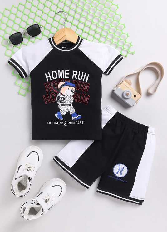 Stylish Bear Black and White Summer T-Shirt and Shorts Set for Kids Boys/Girls