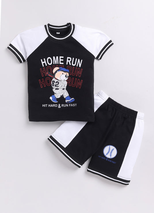 Stylish Bear Black and White Summer T-Shirt and Shorts Set for Kids Boys/Girls