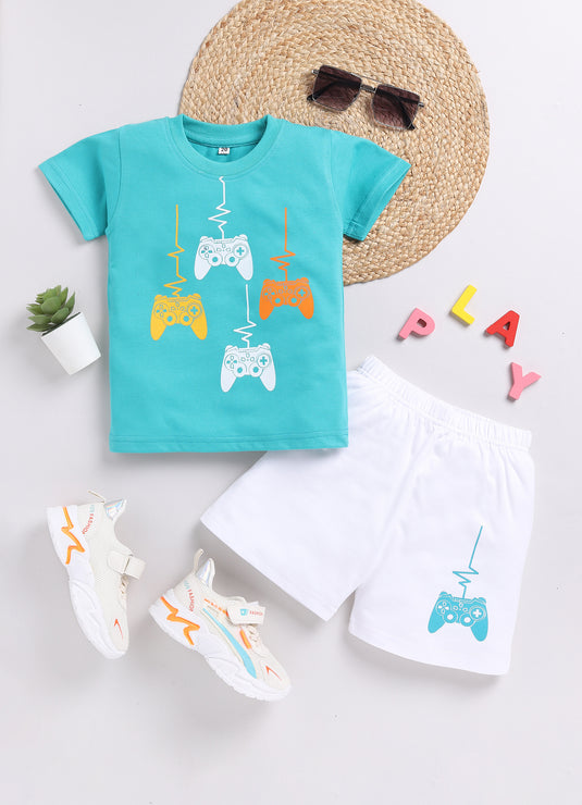 Pixel Game Controller Sea Green & White T-Shirt and Shorts Set for kids Boys