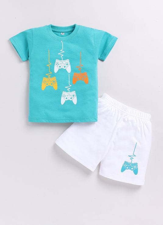 Pixel Game Controller Sea Green & White T-Shirt and Shorts Set for kids Boys