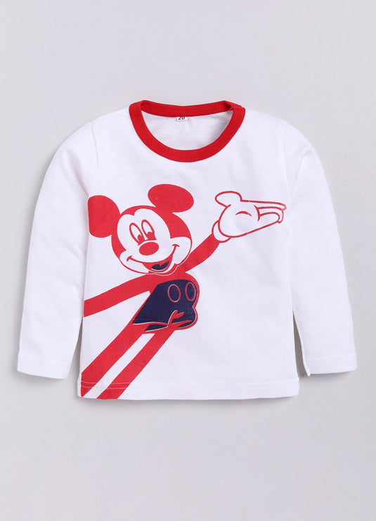 Mickey Print Cotton Sinker Nightwear Full Sleeves Clothing Set (White & Red)