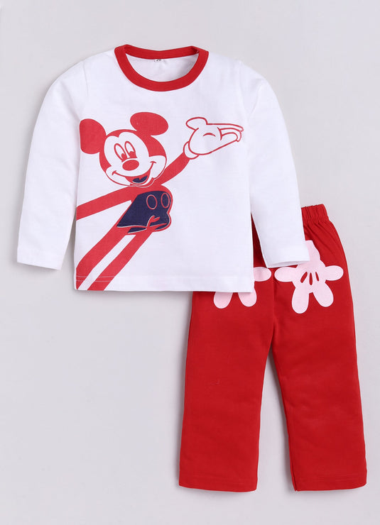 Mickey Print Cotton Sinker Nightwear Full Sleeves Clothing Set (White & Red)