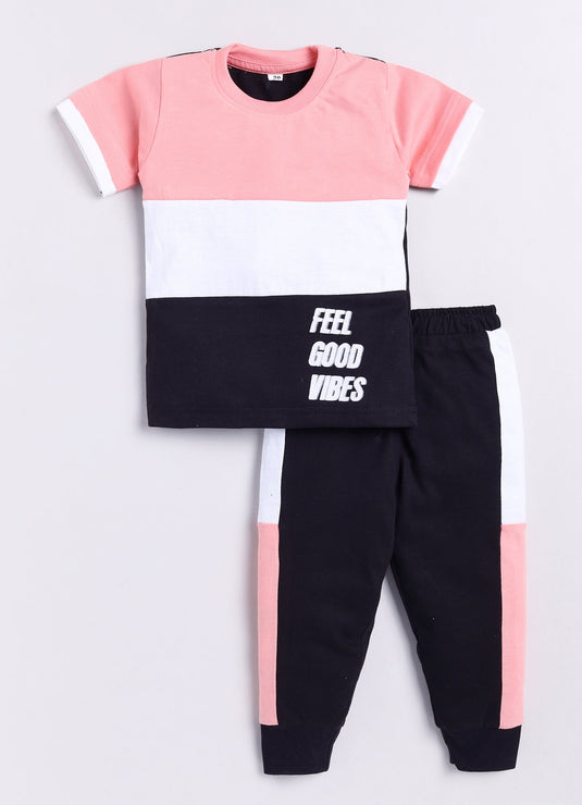 Feel Good Vibes Cotton Sinker Sweatshirt & Jogger Full Sleeves Clothing Set (ROSE White Black)