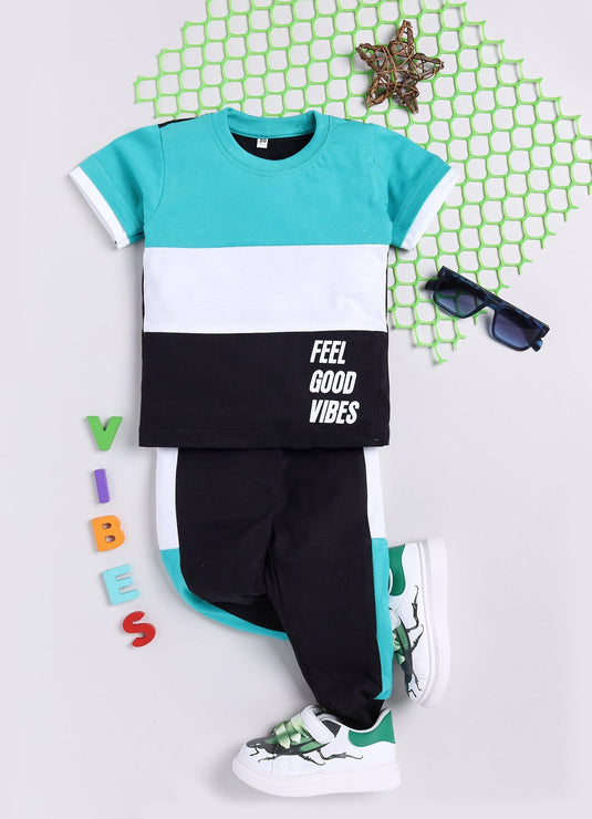 Feel Good Vibes Cotton Sinker Sweatshirt & Jogger Full Sleeves Clothing Set (SeaGreen White Black)