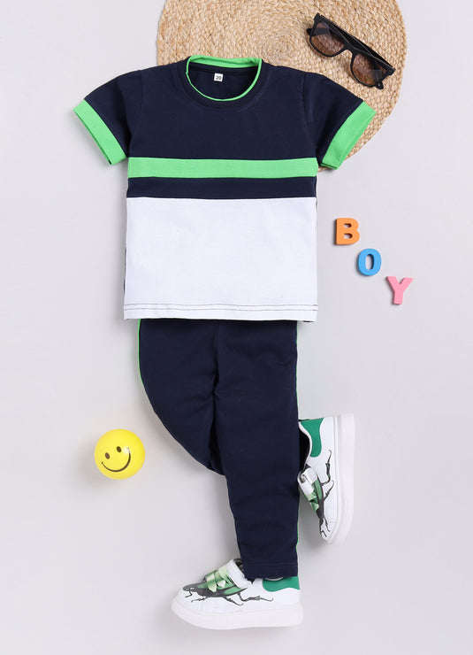 Stripes Chest Cotton Sinker Tee & Jogger Half Sleeve Clothing Set (Green & White)