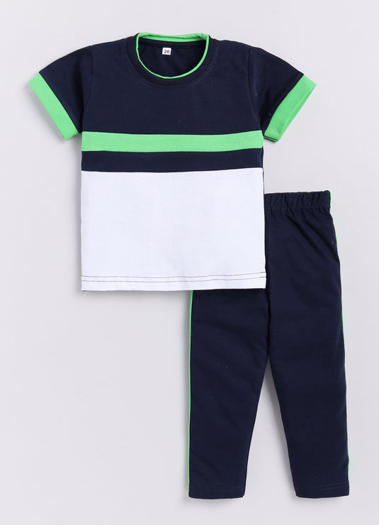 Stripes Chest Cotton Sinker Tee & Jogger Half Sleeve Clothing Set (Green & White)