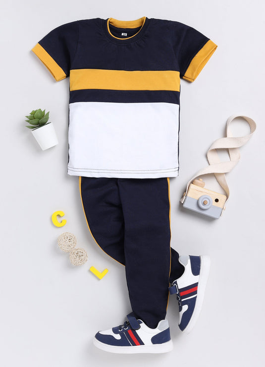 Stripes Chest Cotton Sinker Tee & Jogger Half Sleeve Clothing Set (Yellow & White)