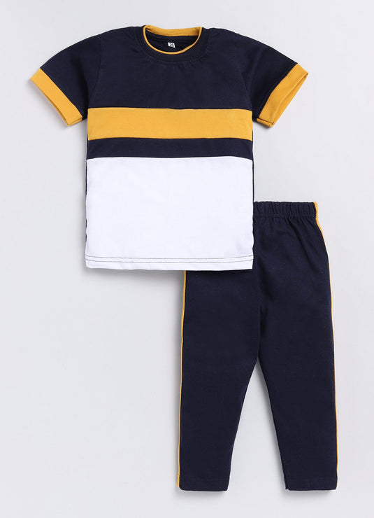 Stripes Chest Cotton Sinker Tee & Jogger Half Sleeve Clothing Set (Yellow & White)