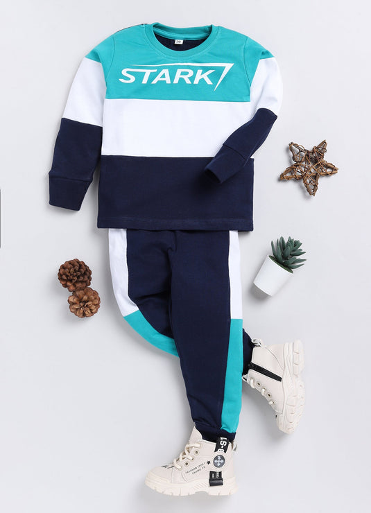 Stark Cotton Sinker Sweatshirt & Jogger Full Sleeves Clothing Set(Seagreen White Navy)