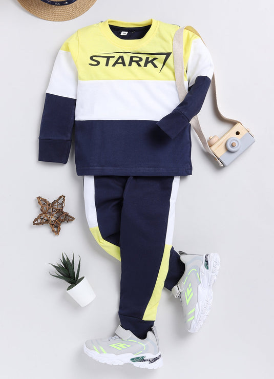 Stark Cotton Sinker Sweatshirt & Jogger Full Sleeves Clothing Set (Yellow white Navy)