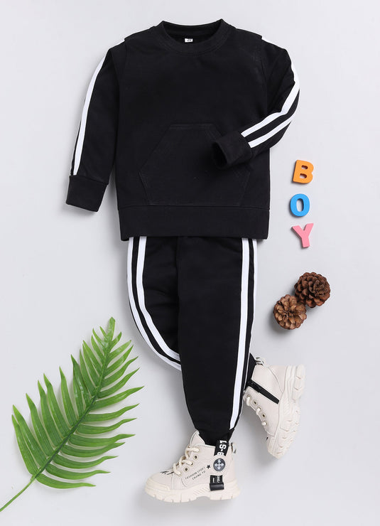 Stripes Cotton Sinker Sweatshirt & Jogger Full Sleeves Clothing Set(Black)