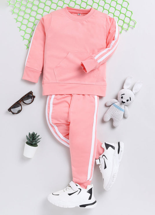 Stripes Cotton Sinker Sweatshirt & Jogger Full Sleeves Clothing Set(Rose)