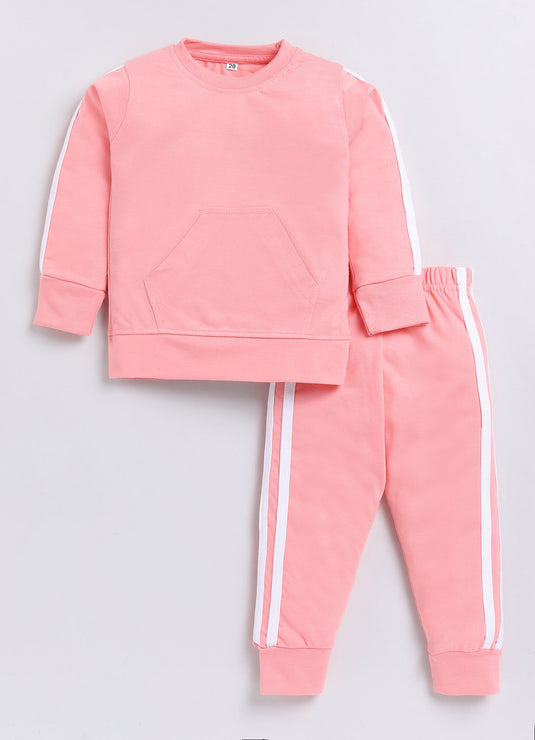 Stripes Cotton Sinker Sweatshirt & Jogger Full Sleeves Clothing Set(Rose)