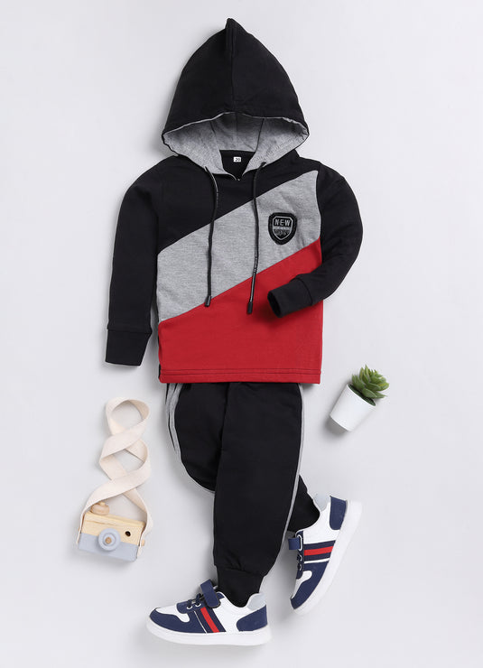 Streetwear contrast colour Cotton Sinker Hoodie & Jogger Full Sleeves Clothing Set (Black Grey Maroon)