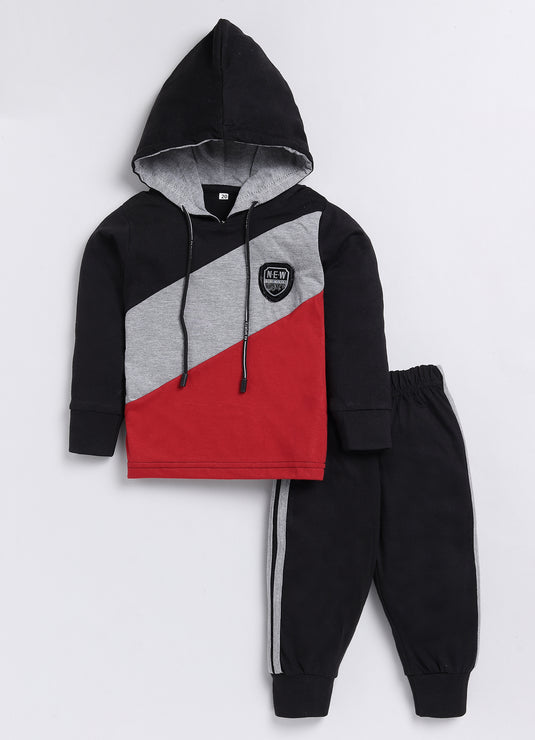 Streetwear contrast colour Cotton Sinker Hoodie & Jogger Full Sleeves Clothing Set (Black Grey Maroon)