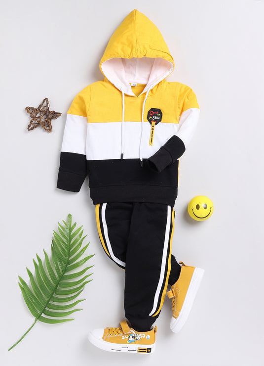 Streetwear contrast colour Cotton Sinker Hoodie & Jogger Full Sleeves Clothing Set (Yellow White & Black)