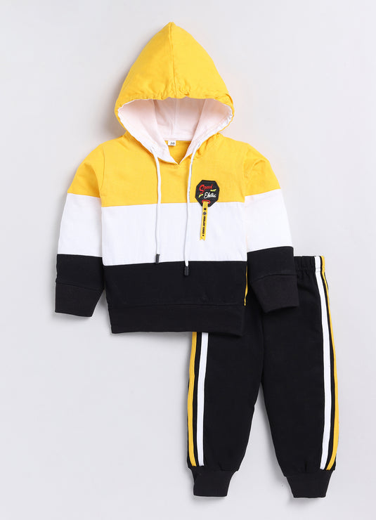 Streetwear contrast colour Cotton Sinker Hoodie & Jogger Full Sleeves Clothing Set (Yellow White & Black)