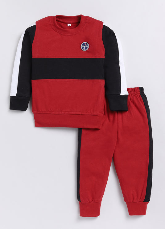 Streetwear contrast colour Cotton Sinker Sweatshirt & Jogger Full Sleeves Clothing Set (Maroon & Black)