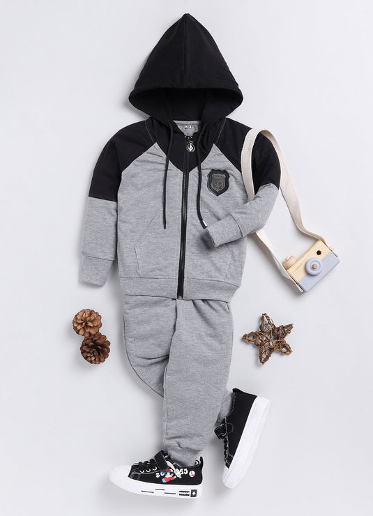 Streetwear Zipper Cotton Sinker Hoodie & Jogger Full Sleeves Clothing Set (Black & Grey)