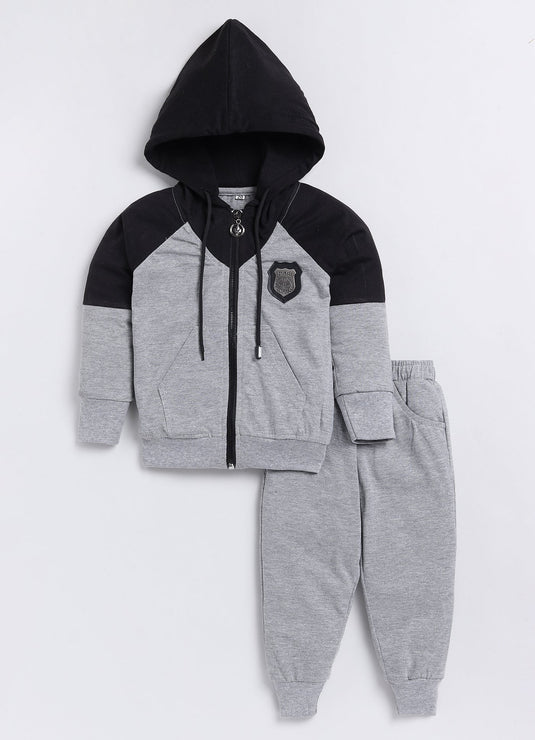 Streetwear Zipper Cotton Sinker Hoodie & Jogger Full Sleeves Clothing Set (Black & Grey)