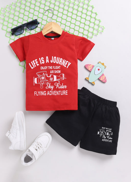 Mini Adventurer Red T-shirt & Black Printed Explorer Shorts Set for Kids Boys