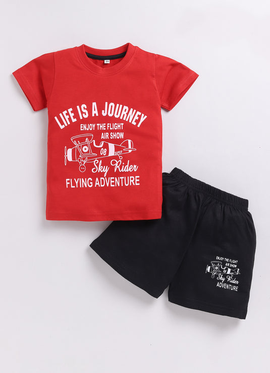 Mini Adventurer Red T-shirt & Black Printed Explorer Shorts Set for Kids Boys